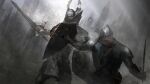  2others absurdres armor asaki_(asaki_vision) chosen_undead commentary dark_souls_(series) dark_souls_i embers english_commentary fake_horns full_armor helm helmet highres holding holding_shield holding_sword holding_weapon horned_helmet horns knight multiple_others parrying shield silver_knight_(dark_souls) sword weapon 