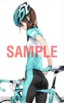  1girl :o aqua_eyes ass bicycle bike_shorts blue_eyes brown_hair dengeki_online fingerless_gloves from_behind fukuda_tomonori gloves green_shirt helmet long_hair looking_at_viewer looking_back official_art robotics;notes sample_watermark science_adventure shirt short_sleeves simple_background skin_tight solo sportswear tennouji_nae tennouji_nae_(robotics;notes) watermark white_background 