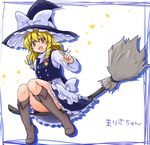  blonde_hair boots bow braid broom broom_riding convenient_leg fang hat hat_bow kirisame_marisa monrooru open_mouth sash side_braid solo star touhou white_bow witch_hat yellow_eyes 