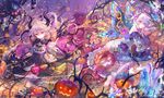  baton black_gloves blonde_hair bug butterfly butterfly_wings claws demon_girl demon_horns dress finger_in_mouth flower giant_spider gloves grey_dress hair_flower hair_ornament halloween horns ibara_riato insect jack-o'-lantern layered_dress long_sleeves looking_at_viewer multicolored multicolored_clothes multicolored_dress multiple_girls off_shoulder official_art original puffy_short_sleeves puffy_sleeves red_eyes red_flower red_rose rose shaded_face shingeki_no_bahamut short_sleeves silk silver_hair spider spider_web spiderweb_imp wide_sleeves wings 