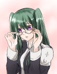  1girl abstract_background adjusting_eyewear black_jacket black_order_uniform blush cross d.gray-man glasses gradient_background green_hair hair_between_eyes hair_over_shoulder hand_on_eyewear highres jacket lenalee_lee long_hair looking_down looking_to_the_side mimo0211 parted_lips pink_background purple_eyes sidelocks solo striped_clothes striped_jacket twintails vertical-striped_clothes vertical-striped_jacket 