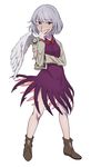  blush boots bow bowtie dress fingernails full_body hand_on_own_face kishin_sagume long_sleeves looking_at_viewer purple_dress red_eyes short_hair silver_hair simple_background single_wing solo sweatdrop touhou toujou_(toujou_ramen) vest white_background wings 