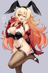  animal_ears blonde_hair breasts bunny_ears bunnysuit detached_collar elbow_gloves gloves high_heels kaida_michi large_breasts long_hair one_eye_closed red_eyes solo wrist_cuffs 