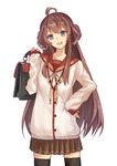 ahoge alternate_costume bag blue_eyes brown_hair cardigan commentary_request hand_on_hip highres kantai_collection kongou_(kantai_collection) long_hair open_mouth scarlet_dango school_briefcase school_uniform serafuku smile solo thighhighs zettai_ryouiki 