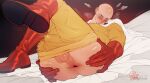 1boy anus ass bald biceps blush bodysuit bulge cape commentary covered_nipples covered_penis english_commentary erection erection_under_clothes gloves highres looking_at_viewer lying male_focus muscular muscular_male on_back one-punch_man pectorals plna red_gloves saitama_(one-punch_man) solo spreading_own_anus superhero_costume sweat testicles white_cape yellow_bodysuit 