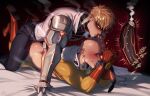  2boys ass bald blonde_hair blush cape closed_eyes clothed_sex commentary cum cyborg deep_penetration ejaculation english_commentary erection genos gloves glowing highres internal_cumshot lying male_focus male_penetrated mechanical_arms mechanical_penis multiple_boys on_bed on_stomach one-punch_man penis plna red_gloves saitama_(one-punch_man) sex sex_from_behind short_hair superhero_costume sweat uncensored white_cape x-ray yaoi 