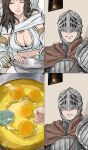  1girl 1other breasts brown_hair chosen_undead closed_eyes closed_mouth covered_eyes dark_souls_(series) dark_souls_i egg_(food) food frmtanoshingo highres large_breasts long_hair mole mole_on_breast navel queen_of_sunlight_gwynevere smile visor_(armor) wavy_hair 