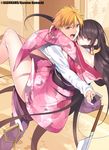  1girl bare_shoulders blush cellphone copyright_name hetero hug intelli_village_no_zashiki-warashi japanese_clothes jinnai_shinobu kimono knife long_legs looking_at_viewer mole mole_under_eye nanao_(mahaya) obi official_art open_mouth phone sash shovel smartphone thighs zashiki-warashi_(intelli_village) 