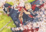  2boys akatsuki_uniform blurry blurry_foreground cherry_blossoms closed_mouth forehead_protector grass green_eyes grey_hair hidan_(naruto) highres kakuzu_(naruto) looking_at_viewer lying male_focus multiple_boys naruto_(series) naruto_shippuuden ninja on_back purple_eyes scythe smile tree weapon yaoi yi_(199702090505) 