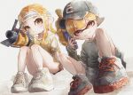  .52_gal_(splatoon) 1boy 1girl anon1um black_hat black_shoes blonde_hair blush closed_mouth commentary english_commentary grey_headband grey_shirt hair_intakes hat headband highres inkling inkling_boy inkling_player_character long_hair looking_at_viewer octoling octoling_girl octoling_player_character pointy_ears print_hat red_eyes shirt shoes short_eyebrows short_hair signature sitting sleeves_past_wrists splatoon_(series) splatoon_3 splattershot_(splatoon) t-shirt tentacle_hair thick_eyebrows white_shoes yellow_eyes yellow_shirt 