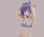  adjusting_hair armpits bra hair_ornament kantai_collection mouth_hold navel ponytail purple_eyes purple_hair shiranui_(kantai_collection) short_hair simple_background solo touyama_eight underwear underwear_only upper_body white_bra 