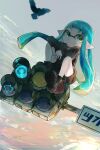  1girl anon1um aqua_hair arrow_(symbol) bird blurry blurry_background commentary_request green_eyes highres inkling inkling_girl inkling_player_character jacket long_hair outdoors pointy_ears shoes short_eyebrows signature sitting solo splatoon_(series) splatoon_3 tentacle_hair thick_eyebrows traffic_light very_long_hair 