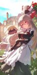  &gt;_&lt; 1girl absurdres alexandrina_sebastiane apron back_bow black_dress blonde_hair blue_sky blush bolt_(hardware) bow bowtie box_(bagsang59049289) braid breasts brown_hair bush buttons closed_eyes cloud cloudy_sky collared_dress creature day dress english_commentary floating_hair flower frills grass hair_between_eyes hair_bow hair_ornament hairpin highres holding_own_arm juliet_sleeves large_bow large_breasts long_hair long_sleeves looking_at_viewer low-tied_long_hair maid maid_headdress mansion outdoors puffy_sleeves red_eyes red_flower red_rose rose short_hair sky smile standing teeth twin_braids white_apron white_bow white_bowtie white_flower window yellow_flower yellow_rose zenless_zone_zero 