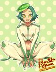  agawa_ryou artist_name barefoot commentary_request frog_girl green_hair leaf leaf_on_head looking_at_viewer navel open_mouth original outline polka_dot polka_dot_background popped_collar short_hair sitting smile solo watermark web_address yellow_eyes 