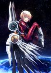  aqua_eyes blonde_hair bodysuit breasts commentary_request earth high_heels highres looking_at_viewer mechanical_wings medium_breasts open_mouth original short_hair solo space star_(sky) ugume wings 