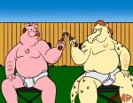 anthro beer_bottle blue_sky body_hair bottle briefs briefs_only chair chest_hair clinking_bottles clothed clothing container domestic_pig duo fence foxmanad furniture green_grass hair half-closed_eyes hand_on_leg hand_on_thigh hat headgear headwear male mammal monotone_briefs monotone_clothing monotone_underwear musclegut muscular narrowed_eyes navel outside red_hair scales sitting sky smile stubble suid suine sus_(pig) tighty_whities toony topless topless_male underwear underwear_only white_briefs white_clothing white_underwear wood wood_fence y-fronts yellow_body