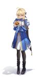  1girl absurdres ahoge aqua_eyes armor artoria_pendragon_(fate) black_boots black_cape black_pantyhose blonde_hair blue_bow blue_bowtie blue_dress boots bow bowtie braid breasts burger buttons cape cleavage_cutout closed_mouth clothing_cutout dress eating english_commentary eyes_visible_through_hair fate/stay_night fate/unlimited_blade_works fate_(series) fingernails food food_on_face frills full_body gold_trim hair_between_eyes hair_bow hands_up high_heel_boots high_heels highres holding holding_burger holding_food honkai:_star_rail honkai_(series) huge_ahoge juliet_sleeves kabuto_tong long_sleeves looking_at_viewer medium_breasts pantyhose puffy_sleeves saber_(fate) saber_(honkai:_star_rail)_(fate) shadow short_hair shoulder_armor sidelocks simple_background smile solo standing tassel two-tone_dress white_background white_dress 