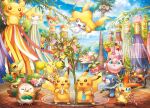  :3 :d alolan_exeggutor aqua_eyes archived_source blue_sky bounsweet character_name closed_eyes cloud day floating holding jigglypuff jirachi litten master_ball mouth_hold multiple_heads no_humans official_art open_mouth oricorio oricorio_(pom-pom) outdoors pikachu plant poke_ball poke_ball_(basic) poke_ball_theme pokemon pokemon_(creature) pokemon_focus popplio rowlet second-party_source shaymin shaymin_(land) sky smile snivy star_(symbol) sui_(petit_comet) victini 