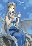  absurdres blue-eyes_white_dragon blue_eyes breastplate breasts dragon duel_monster frostcyco highres large_breasts long_hair looking_at_viewer monster priestess_with_eyes_of_blue sharp_teeth silver_hair sitting smile solo teeth underboob_cutout very_long_hair wings yuu-gi-ou 