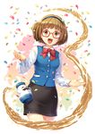  :d brown_eyes brown_hair confetti dress_shirt floral_background gamepot glasses hairband kurage_(kurakurapix) open_mouth pencil_skirt red-framed_eyewear shirt short_hair silhouette skirt smile solo teapot vest wing_collar 