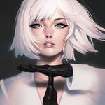  bangs black_background black_gloves blue_eyes clenched_teeth face gloves ilya_kuvshinov lips long_sleeves looking_up original parted_lips portrait ringed_eyes shirt short_hair solo swept_bangs teeth time-out_(gesture) white_hair white_shirt 