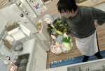  2boys apron black_hair camouflage camouflage_jacket casual closed_mouth food full_body green_eyes grey_hair grey_pants grey_sweater hidan_(naruto) highres holding holding_food indoors jacket kakuzu_(naruto) kitchen long_sleeves male_focus multiple_boys naruto_(series) naruto_shippuuden on_one_knee open_mouth pants purple_eyes refrigerator shirt standing sweater waist_apron wooden_floor yellow_shirt yi_(199702090505) 