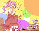  :d ^_^ animal_ears beer_can blush bow bubble_background bunny_ears can chibi closed_eyes eighth_note fang feet_on_table food hair_bow hair_ribbon hat hat_bow instrument karaoke leg_up long_hair maracas microphone multiple_girls music musical_note open_mouth ponytail purple_hair rattle red_eyes reisen ribbon shoes short_hair short_sleeves side_ponytail singing sitting six_(fnrptal1010) skirt smile spilling sweat table tambourine teeth touhou watatsuki_no_toyohime watatsuki_no_yorihime |_| 