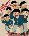  80s aboko_(kihonokayu) blush brothers child copyright_name crossdressing hacksaw highres male_focus matching_outfit matsuno_choromatsu matsuno_ichimatsu matsuno_juushimatsu matsuno_karamatsu matsuno_osomatsu matsuno_todomatsu multiple_boys oldschool osomatsu-kun sandals saw sextuplet_(osomatsu-kun) sextuplets siblings simple_background smile swimsuit tan_background wing_collar 