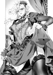  1boy anger_vein blush braid clothes_lift cloud_strife cloud_strife_(blue_dress) corset crossdressing crossdressing_(mtf) dress dress_lift final_fantasy final_fantasy_vii final_fantasy_vii_remake fishnet_sleeves fishnets frilled_sleeves frills garter_straps greyscale highres lace-trimmed_thighhighs lace-up_top lace_trim long_dress monochrome official_alternate_costume solo spiked_hair spoken_anger_vein thighhighs thighs twin_braids yajiro_masaru zettai_ryouiki 