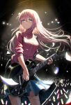 1girl absurdres blue_eyes blue_skirt bocchi_the_rock! box_(bagsang59049289) breasts closed_mouth concert cowboy_shot cube_hair_ornament electric_guitar english_commentary floating_hair glowstick gotoh_hitori guitar hair_between_eyes hair_ornament highres holding holding_guitar holding_instrument instrument jacket long_hair long_sleeves looking_at_viewer medium_breasts music paper penlight_(glowstick) pink_hair pink_jacket playing_guitar playing_instrument pleated_skirt puffy_long_sleeves puffy_sleeves sidelocks skirt smile solo sparkle stage_lights standing track_jacket turtleneck turtleneck_jacket 