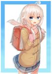  absurdres ahoge backpack bag blue_eyes blush coat highres jacket long_hair looking_at_viewer mittens open_mouth original pointy_ears randoseru ruma_imaginary scarf simple_background skirt solo twintails white_hair 