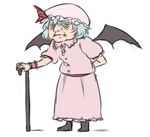  arm_behind_back bat_wings commentary dress fang_out full_body hat lowres mefomefo mob_cap old_woman older remilia_scarlet short_hair solo touhou walking_stick wings 