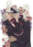  2boys absurdres akatsuki_uniform flower forehead_protector french_kiss green_eyes grey_hair hidan_(naruto) highres jewelry kakuzu_(naruto) kiss male_focus multiple_boys naruto_(series) naruto_shippuuden ninja pink_flower pink_rose purple_eyes purple_flower purple_rose ring rose short_hair simple_background skeleton skull white_background yaoi yi_(199702090505) 