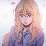  artist_name blonde_hair blue_shirt gradient gradient_background jacket koyorin lips long_hair looking_at_viewer miyazono_kawori necktie open_clothes open_jacket petals purple_eyes red_neckwear shigatsu_wa_kimi_no_uso shirt simple_background solo upper_body watermark web_address white_background 