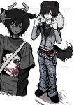  2boys animal_ears belt black_hair black_shirt body_fur character_print claws commentary coyotetaodog denim furry furry_male goat_boy goat_ears goat_horns grey_jacket highres horizontal_pupils horns jacket jeans jeff_the_killer jewelry long_sleeves looking_at_viewer male_focus midriff_peek multiple_boys necklace one_eye_closed original pants shirt short_hair silver_necklace simple_background studded_belt symbol-only_commentary tail tongue tongue_out torn_clothes torn_jeans torn_pants v weasel_boy weasel_ears weasel_tail white_background white_fur y2k_fashion yellow_eyes 