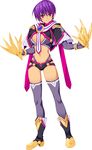  boots breasts claw_(weapon) claws cleavage cleavage_cutout full_body knee_boots large_breasts long_sleeves looking_at_viewer purple_eyes purple_hair revealing_clothes short_hair short_shorts shorts simple_background smile solo standing tamiya_akito weapon white_background 