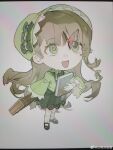  1girl absurdres ankle_socks black_shoes book bow briefcase brown_hair bug butterfly butterfly_on_face chibi chinese_commentary colored_eyelashes commentary_request corallo dress frilled_jacket frilled_sleeves frills green_bonnet green_bow green_dress green_eyes green_jacket happy hat hat_bow highres holding holding_book holding_briefcase jacket juliet_sleeves lace-trimmed_headwear lace_trim long_hair long_sleeves looking_at_animal mary_janes medium_dress open_mouth original photo_(medium) puffy_sleeves red_butterfly shoes sleeve_garter sleeves_past_wrists smile socks solo standing tareme very_long_hair watermark weibo_watermark white_background white_garter white_socks 