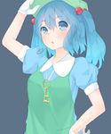  adjusting_clothes adjusting_hat arm_up blue_background blue_hair blush gloves hair_bobbles hair_ornament hand_on_hip hat kawashiro_nitori looking_at_viewer open_mouth puffy_sleeves sakurea shirt short_sleeves simple_background solo sweat touhou twintails two_side_up upper_body white_gloves wrench 