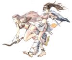  2girls arrow_(projectile) bow_(weapon) breasts brown_hair capelet cleavage commentary_request dagger fur_capelet h&#039;aanit_(octopath_traveler) high_ponytail highres holding holding_dagger holding_knife holding_weapon knife leg_warmers long_hair medium_breasts multiple_girls navel octopath_traveler octopath_traveler_i official_alternate_costume ponytail primrose_azelhart qqqqqli running sandals simple_background weapon white_background white_leg_warmers 