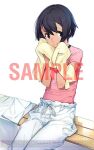  1girl black_hair bob_cut closed_mouth daitoku_junna dark-skinned_female dark_skin dengeki_online dougi fukuda_tomonori grey_eyes hair_between_eyes holding karate_gi looking_at_viewer official_art pants pink_shirt robotics;notes sample_watermark science_adventure shirt short_hair simple_background sitting smile solo towel watermark white_background white_pants wiping_face 