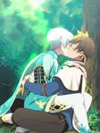  blush brown_hair cape day forest kiss male_focus mikleo_(tales) multiple_boys nature o--i-ocha on_lap outdoors silver_hair sorey_(tales) tales_of_(series) tales_of_zestiria yaoi 