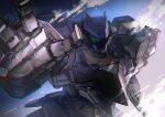  arm_up armored_core armored_core_vi:_fires_of_rubicon blue_eyes cowboy_shot extra_eyes glowing glowing_eyes highres looking_at_viewer mecha mecha_focus no_humans open_hand riio robot science_fiction solo steel_haze_ortus 