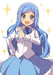  1girl blue_hair blush commentary_request hand_on_hip himouto!_umaru-chan kim_bae-eo long_hair looking_at_viewer open_mouth simple_background smile solo symbol-shaped_pupils tachibana_sylphynford very_long_hair white_background 