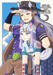  2girls absurdres animal_ears beanie bobamiruku breasts bridal_gauntlets cape cloud commentary cosplay cowboy_hat crossover dixie_cup_hat english_commentary english_text goggles goggles_on_headwear gold_ship_(umamusume) grey_hair gyro_zeppeli gyro_zeppeli_(cosplay) hat heart_ornament highres holding horse_ears horse_girl horseshoe horseshoe_hat_ornament horseshoe_ornament johnny_joestar johnny_joestar_(cosplay) jojo_no_kimyou_na_bouken long_hair mejiro_mcqueen_(umamusume) military_hat multicolored_wristband multiple_girls open_mouth purple_bridal_gauntlets purple_eyes purple_hair purple_shirt shirt spurs star_(symbol) star_print steel_ball_run teeth umamusume 