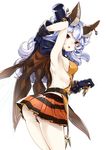  218 :o animal_ears arched_back arm_behind_head armpits backless_outfit belt black_panties blue_gloves blue_hair breasts brown_eyes bunny_ears cape cowboy_shot earrings erune ferry_(granblue_fantasy) gloves granblue_fantasy halloween hat holding holding_cape jack-o'-lantern jewelry long_hair looking_at_viewer medium_breasts mini_hat mini_top_hat open_mouth panties pantyshot pleated_skirt sideboob simple_background skirt sleeveless solo top_hat underwear white_background 
