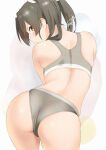  1girl all_fours ass ass_focus back bra green_hair grey_bra grey_panties grey_sports_bra kantai_collection long_hair panties sakiecho sitting sports_bra sportswear twintails underwear white_background yellow_eyes zuikaku_(kancolle) 