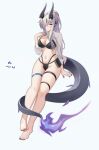  1girl absurdres alter_kamerade arknights bikini black_bikini black_horns black_nails black_tail breasts chinese_commentary cleavage closed_mouth commentary_request dated feet fire flame-tipped_tail full_body green_eyes grey_background grey_hair grey_shrug groin hair_over_one_eye highres horns large_breasts long_hair long_sleeves nail_polish navel necrass_(arknights) one_eye_covered pouch purple_fire see-through_clothes shrug_(clothing) simple_background sitting smile solo swimsuit tail thigh_strap toenail_polish toenails toes 