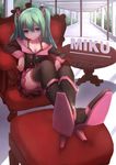  absurdres boots bra chair character_name crossed_ankles crossed_legs full_body green_eyes green_hair hatsune_miku high_heels highres honey_whip_(module) long_hair looking_at_viewer nya_tani_(py753) outstretched_leg project_diva_(series) sitting smile solo sweet_devil_(vocaloid) table thighhighs twintails underwear vocaloid 