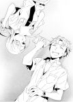  1boy 1girl black_necktie breast_pocket breasts greyscale holding holding_tablet_pc ikuhashi_muiko lying monochrome necktie on_back one_eye_closed open_collar pocket robotics;notes science_adventure shirt shirt_under_shirt short_sleeves small_breasts smile t-shirt tablet_pc tennouji_nae tennouji_nae_(robotics;notes) watch wristwatch yashio_kaito 
