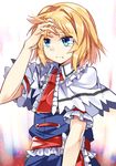  alice_margatroid blonde_hair blue_dress blue_eyes capelet dress e.o. hand_in_hair highres no_headwear puffy_short_sleeves puffy_sleeves sash short_sleeves solo tears touhou 